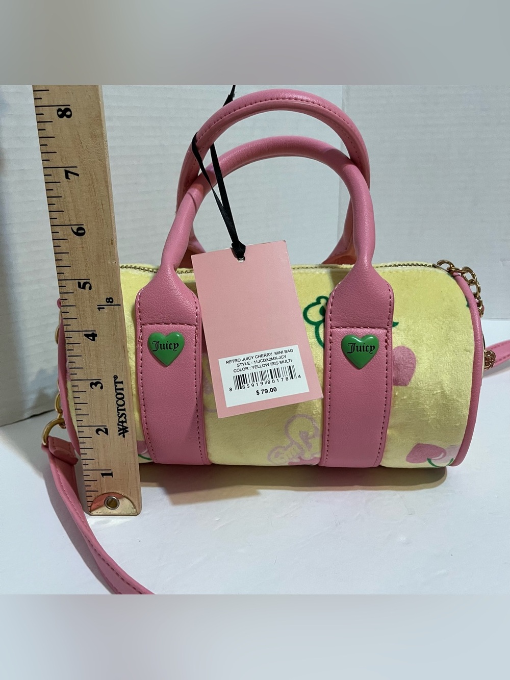 Juicy Couture Yellow Mini Barrel Bag Pink Trim & Cherry Charm Exclusive Bag - Picture 5 of 7
